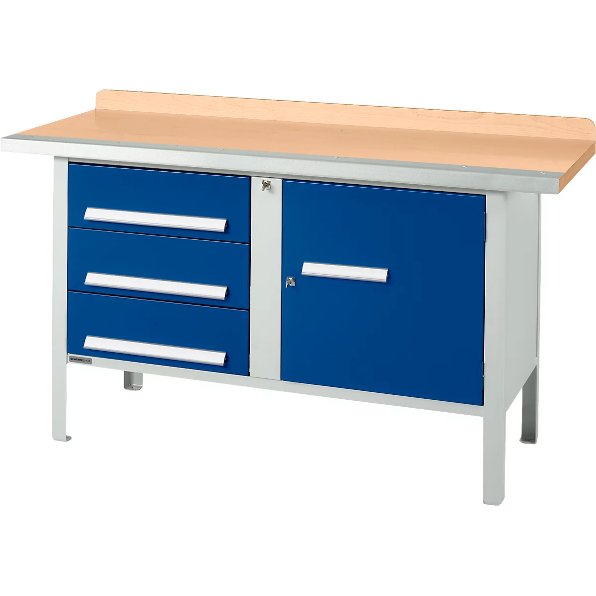 Kastenwerkbank Schäfer Shop Select PWi 150-4, Buche Multiplexplatte, mit Stahlkante, bis 750 kg, B 1500 x T 700 x H 840 mm, Enzianblau
