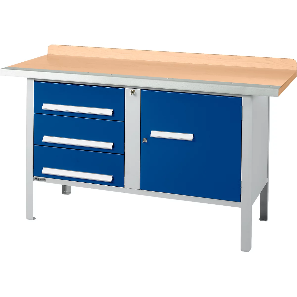 Kastenwerkbank Schäfer Shop Select PWi 150-4, Buche Multiplexplatte, mit Stahlkante, bis 750 kg, B 1500 x T 700 x H 840 mm, Enzianblau