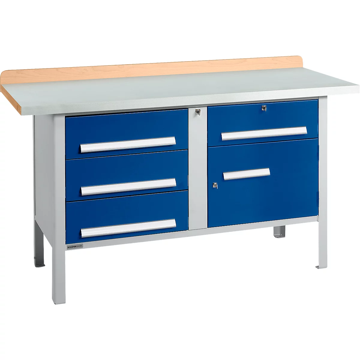 Kastenwerkbank Schäfer Shop Select PWi 150-5, Buche Multiplexplatte, mit Stahlabdeckung, bis 750 kg, B 1500 x T 700 x H 840 mm, Enzianblau
