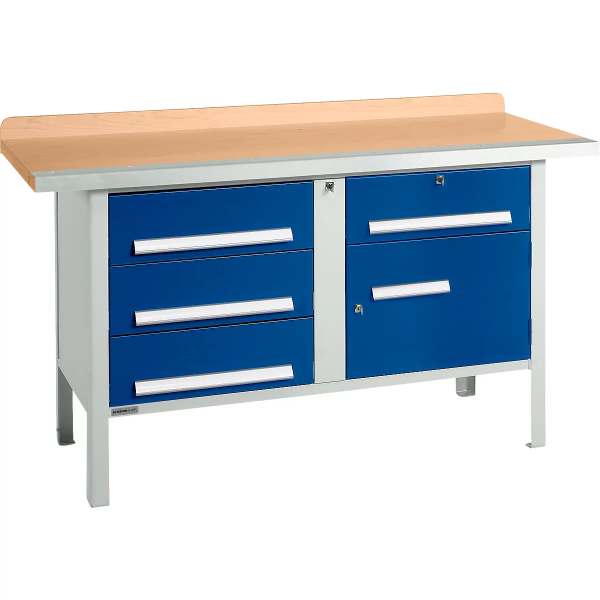 Kastenwerkbank Schäfer Shop Select PWi 150-5, Buche Multiplexplatte, mit Stahlkante, bis 750 kg, B 1500 x T 700 x H 840 mm, Enzianblau