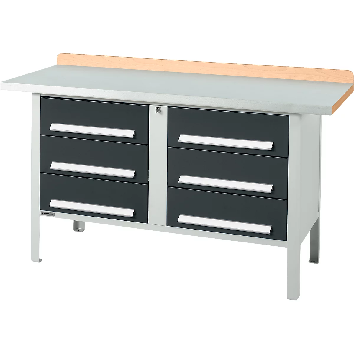 Kastenwerkbank Schäfer Shop Select PWi 150-6, Buche Multiplexplatte, mit Stahlabdeckung, bis 750 kg, B 1500 x T 700 x H 840 mm, Anthrazit