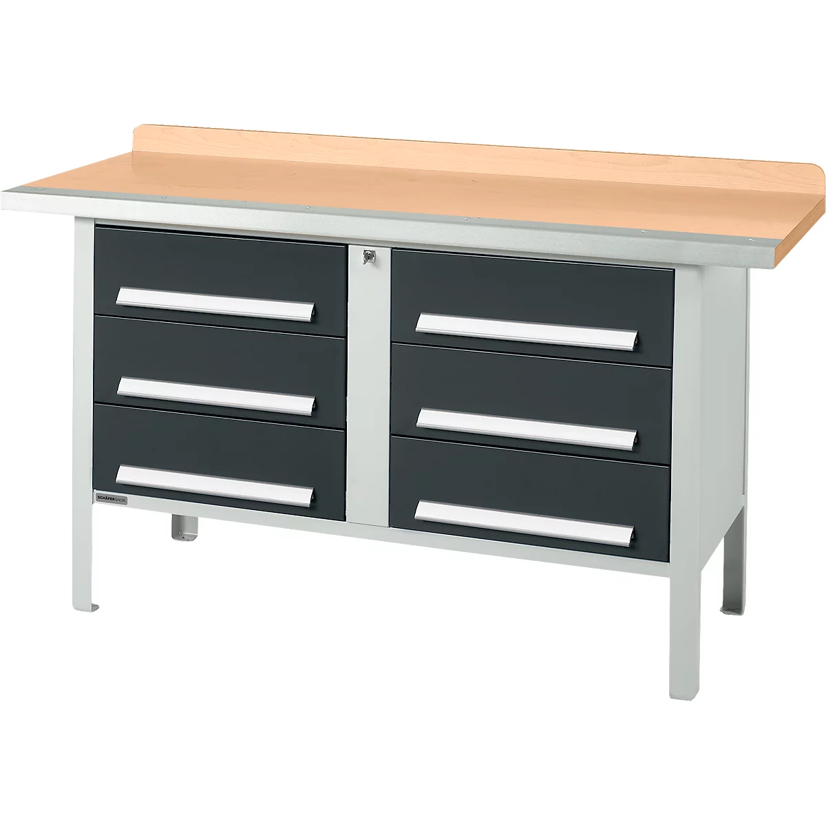 Kastenwerkbank Schäfer Shop Select PWi 150-6, Buche Multiplexplatte, mit Stahlkante, bis 750 kg, B 1500 x T 700 x H 840 mm, Anthrazit