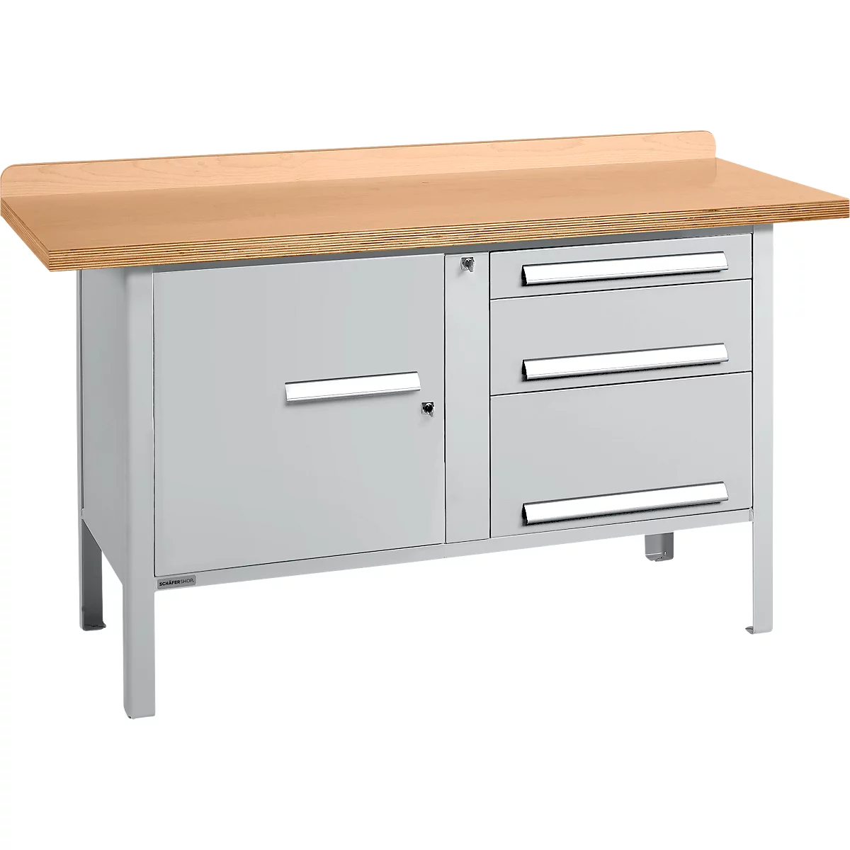 Werkbank mit grauen Metallschrank, drei Schubladen, und Holzplatte.