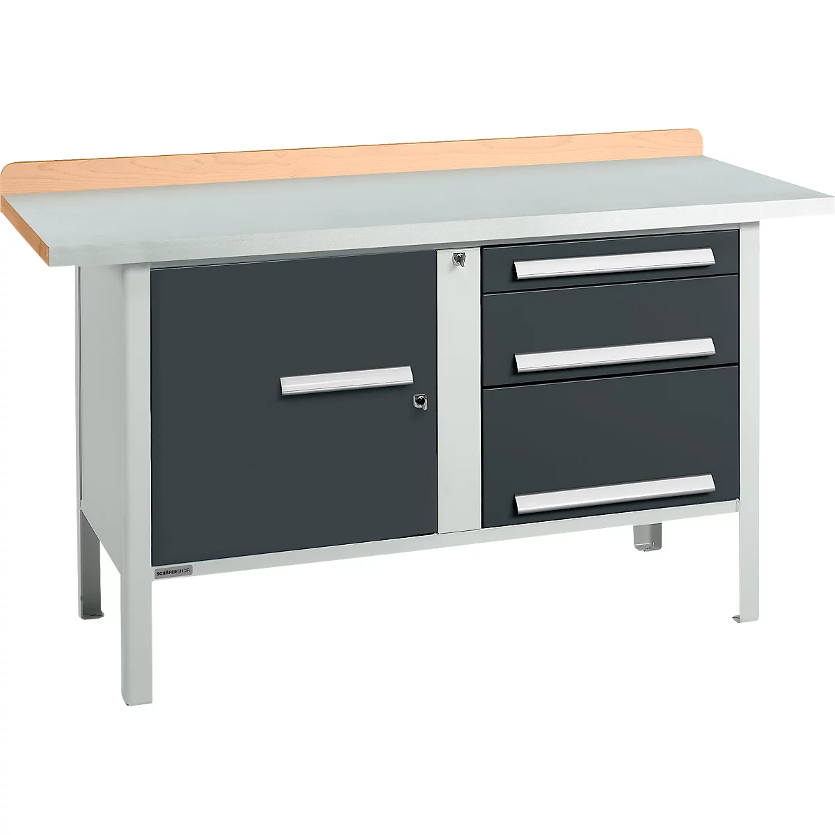 Kastenwerkbank Schäfer Shop Select PWi 150-7, Buche Multiplexplatte, mit Stahlabdeckung, bis 750 kg, B 1500 x T 700 x H 840 mm, Anthrazit