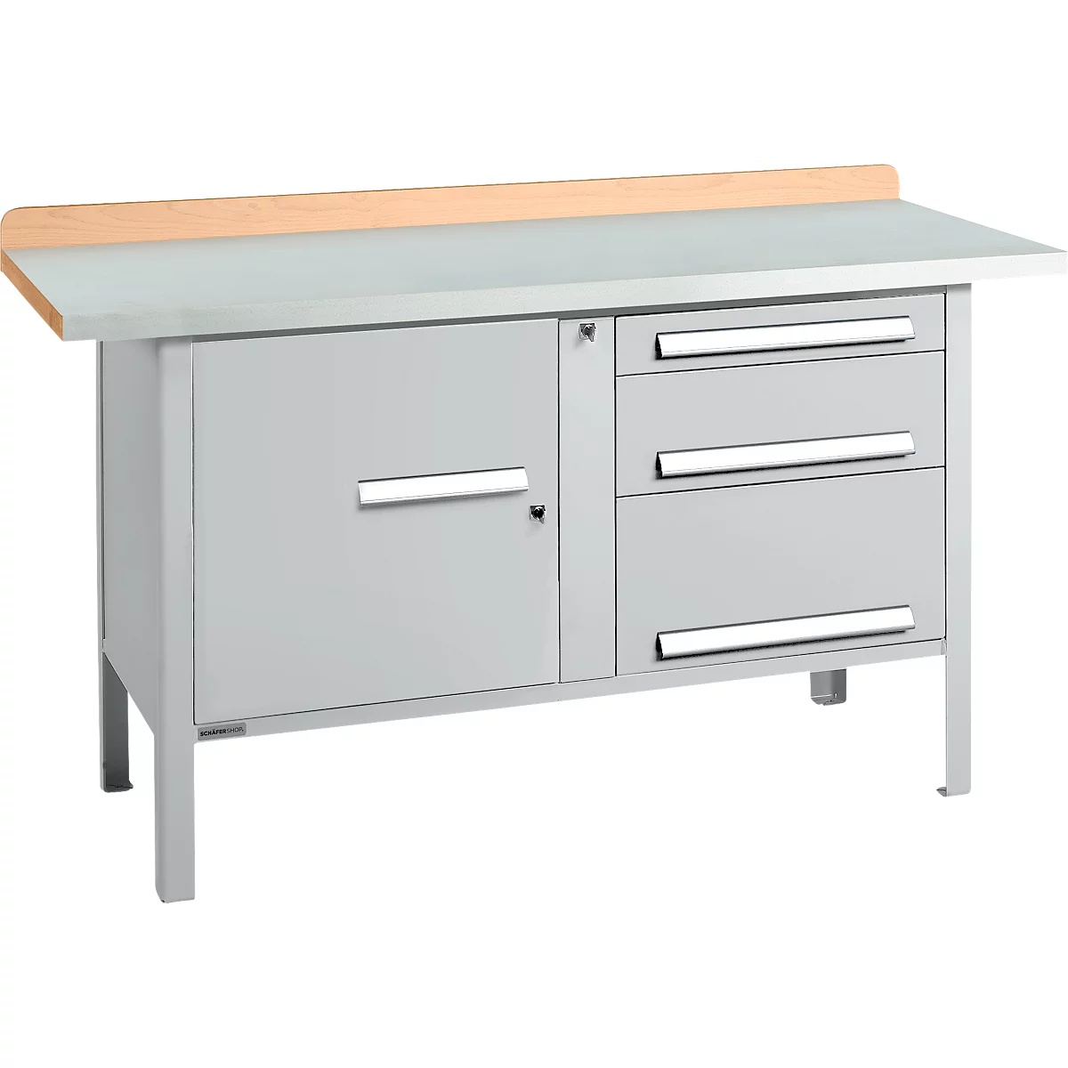 Kastenwerkbank Schäfer Shop Select PWi 150-7, Buche Multiplexplatte, mit Stahlabdeckung, bis 750 kg, B 1500 x T 700 x H 840 mm, Weißaluminium