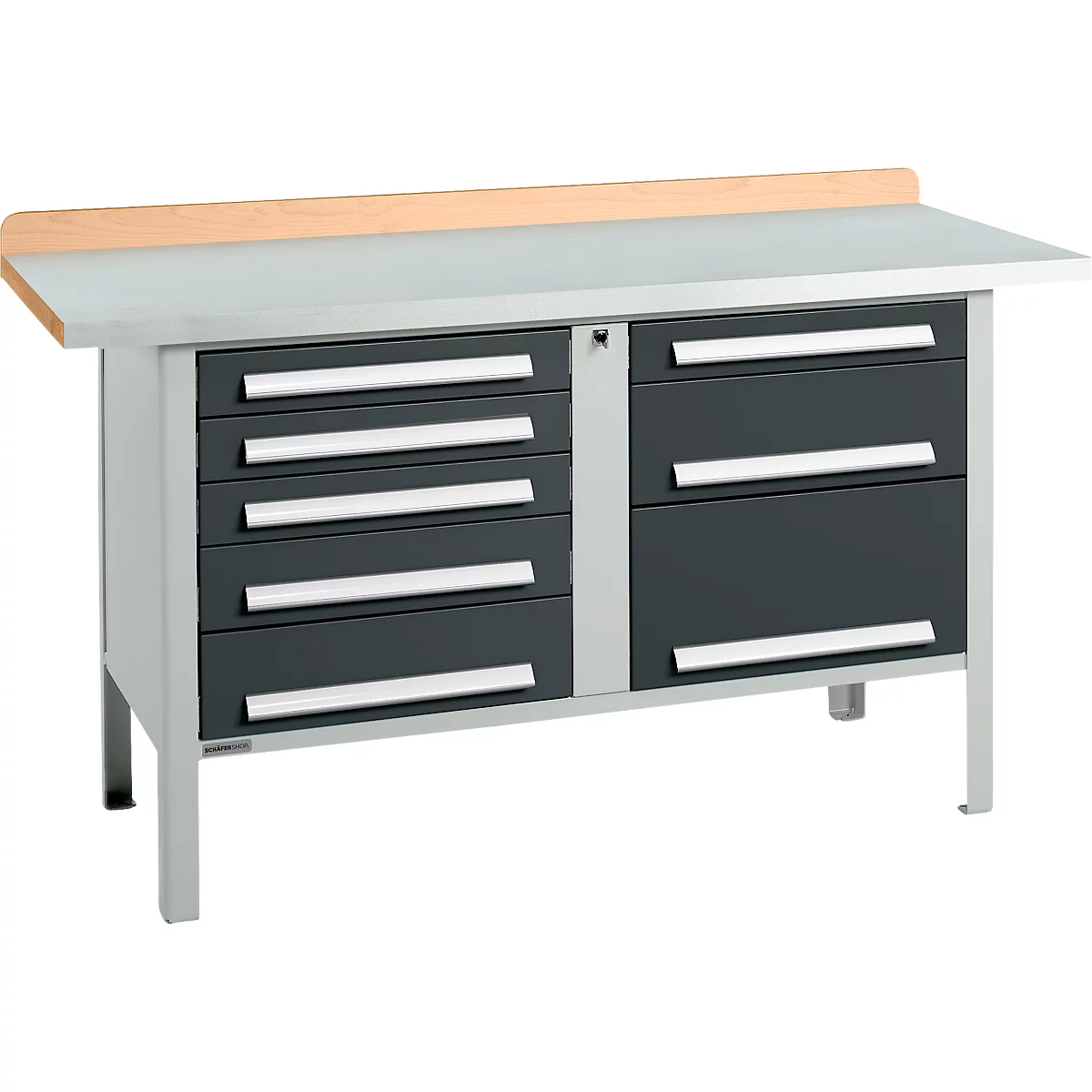 Kastenwerkbank Schäfer Shop Select PWi 150-8, Buche Multiplexplatte, mit Stahlabdeckung, bis 750 kg, B 1500 x T 700 x H 840 mm, Anthrazit