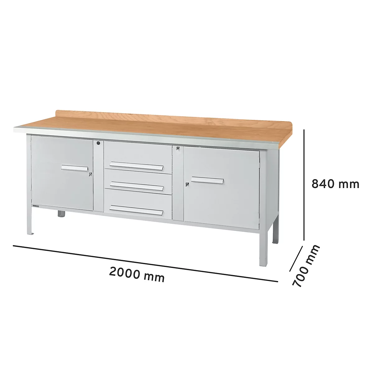 Werkbank mit Holzplatte, grauen Türen und Schubladen. Abmessungen sind angegeben.