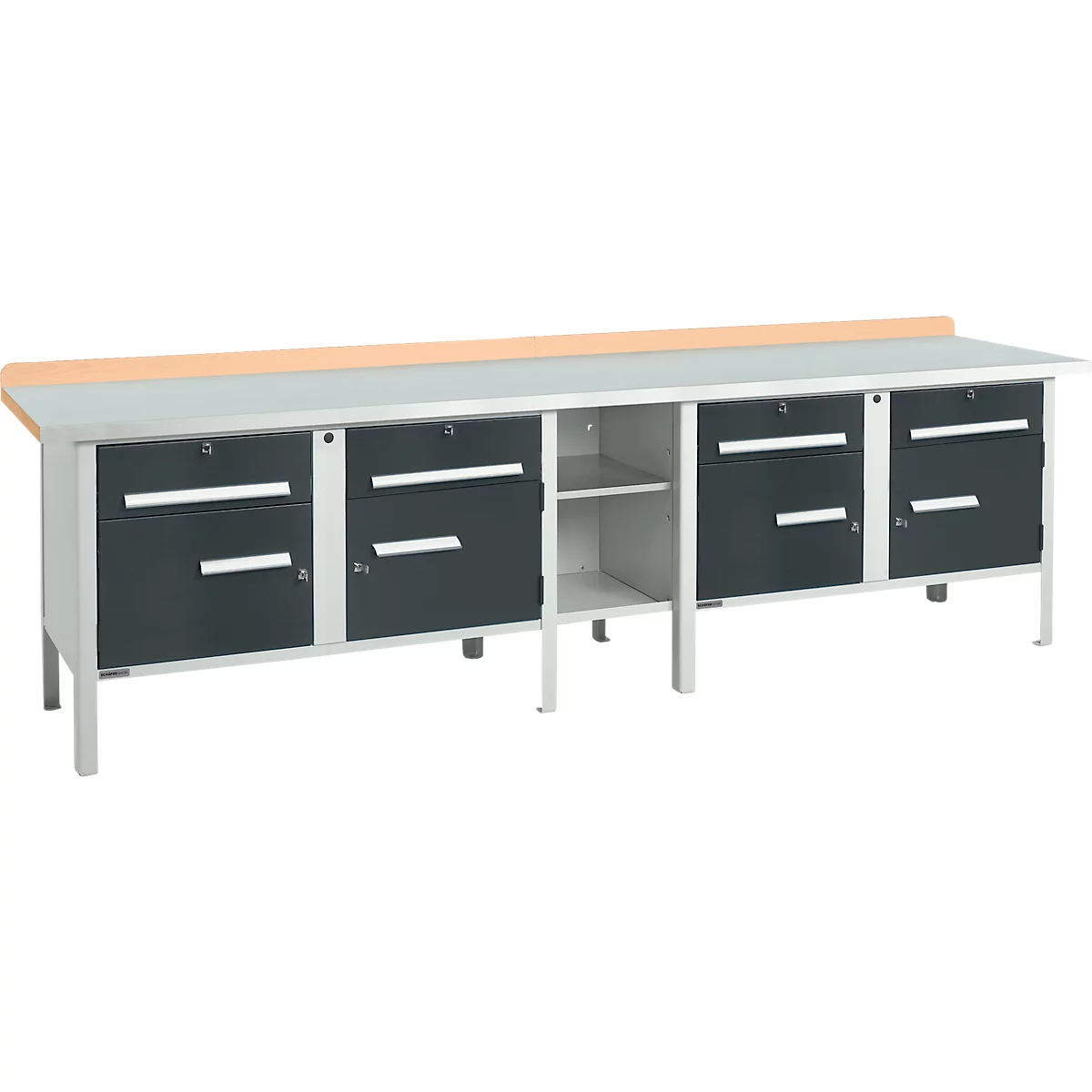 Kastenwerkbank Schäfer Shop Select PWi 300-0, Buche Multiplexplatte, mit Stahlabdeckung, bis 750 kg, B 3000 x T 700 x H 840 mm, Anthrazit
