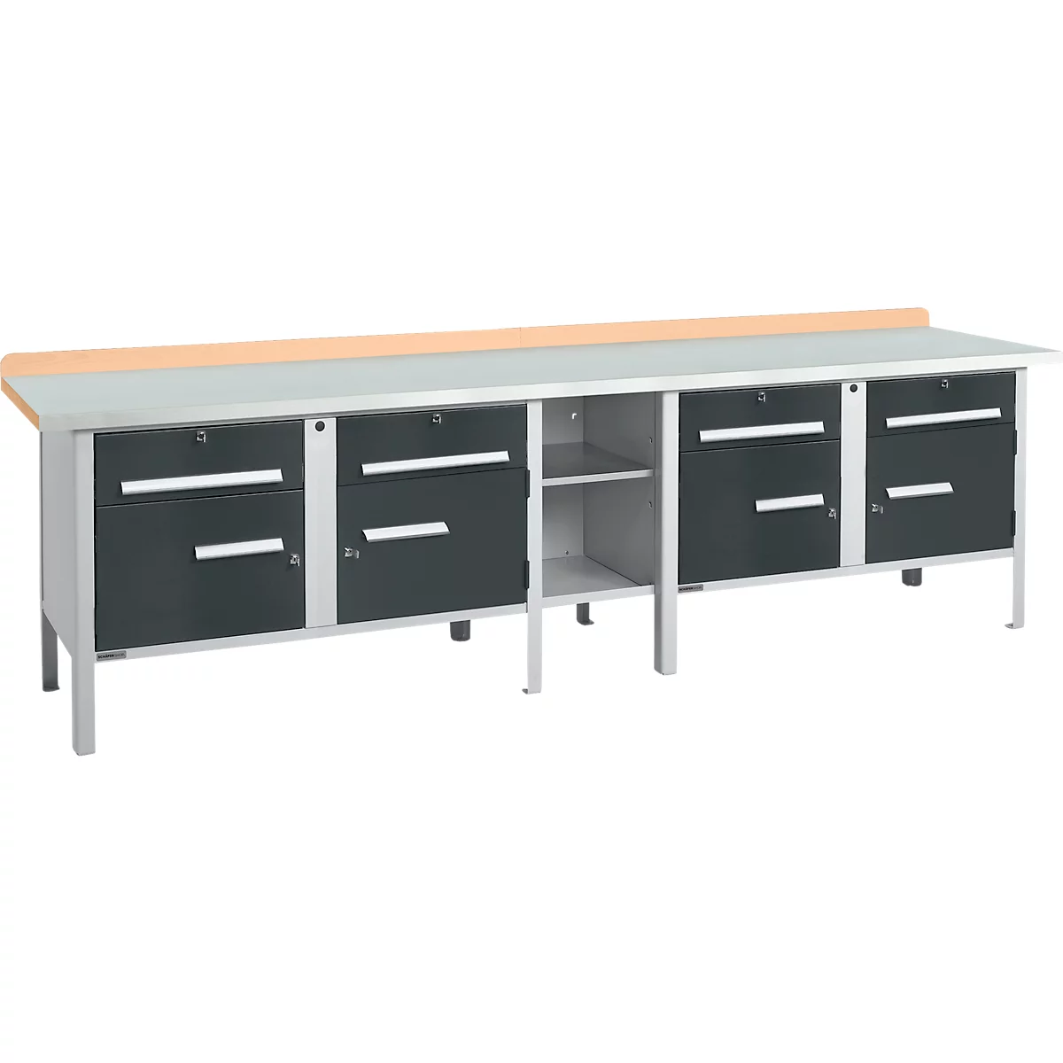Kastenwerkbank Schäfer Shop Select PWi 300-0, Buche Multiplexplatte, mit Stahlabdeckung, bis 750 kg, B 3000 x T 700 x H 840 mm, Anthrazit