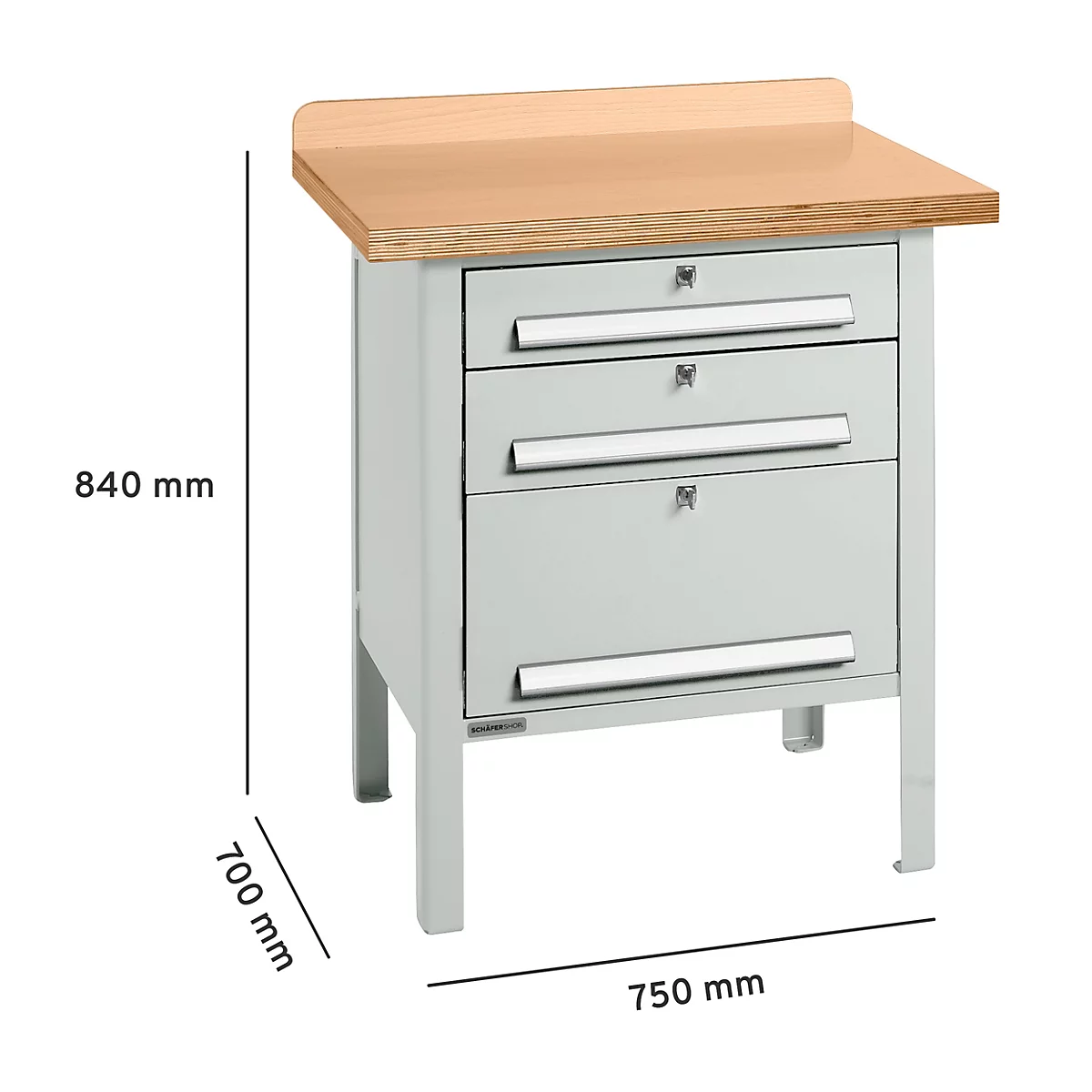 Werkbank mit Holzplatte, drei Schubladen, Masse: 840 mm hoch, 700 mm tief, 750 mm breit.