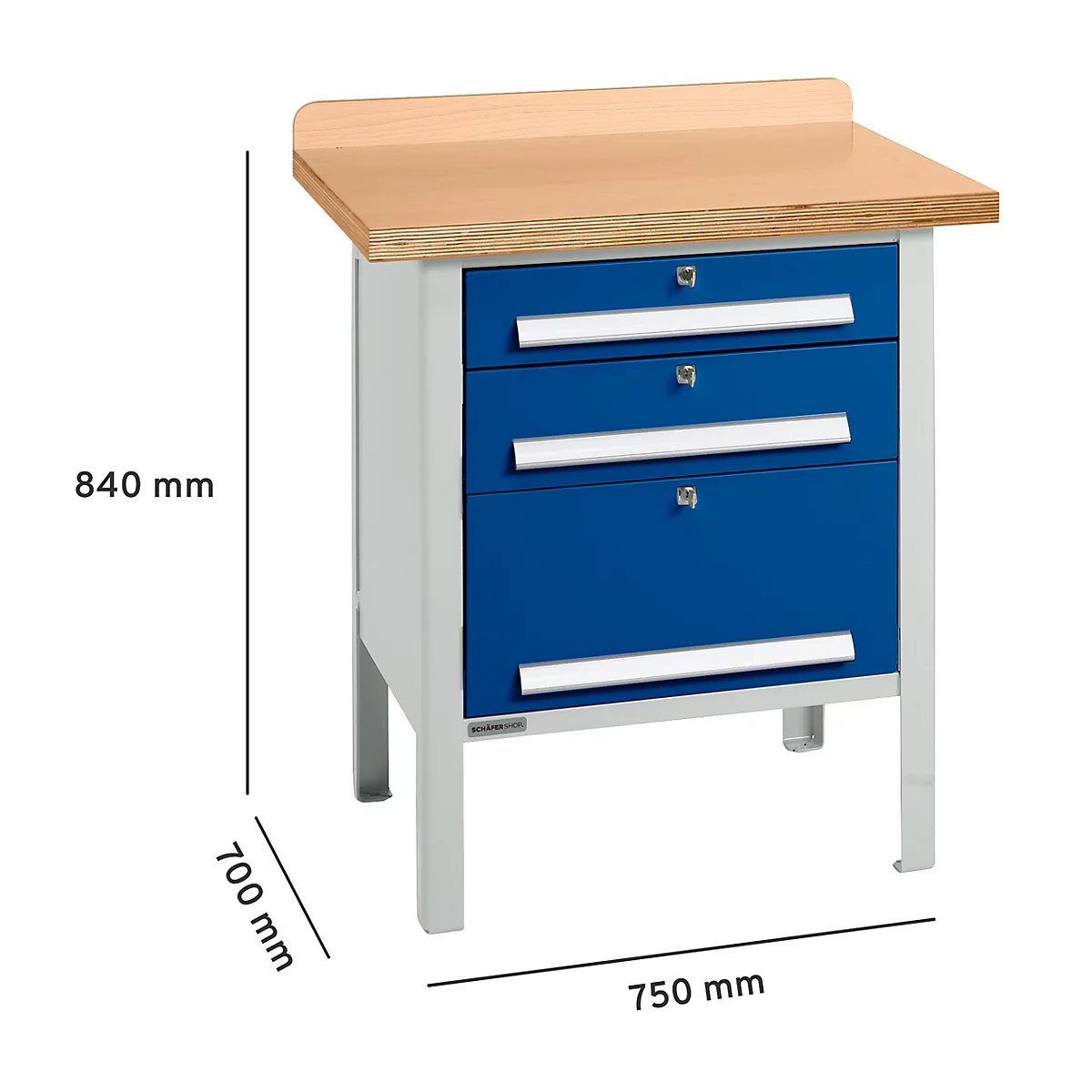 Werkbank mit Holzplatte, blauen Schubladen und silbernen Griffen, Masse: 840 mm hoch, 700 mm tief, 750 mm breit.