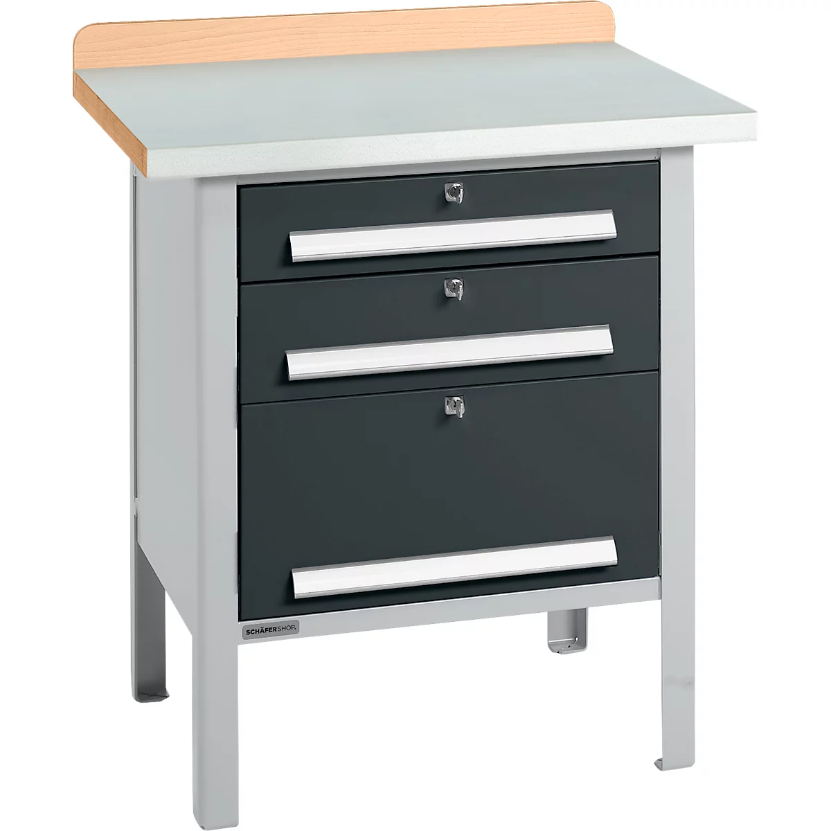 Kastenwerkbank Schäfer Shop Select PWi 75-7, Buche-Dekor Multiplexplatte, mit Stahlabdeckung, bis 750 kg, B 750 x T 700 x H 840 mm