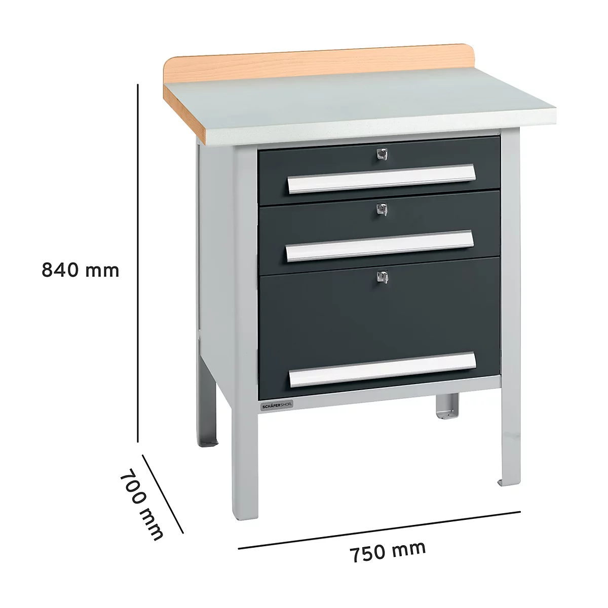 Werkbank mit Schubladen und Holzarbeitsfläche, Masse: 840 x 700 x 750 mm.