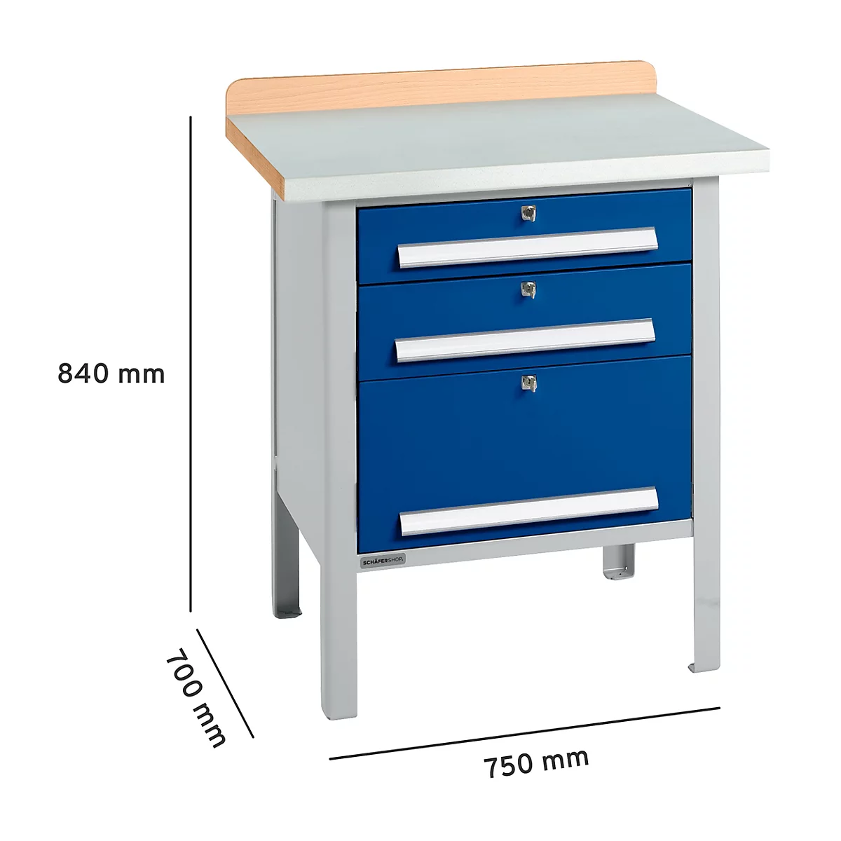 Blauer Werkstattschrank mit drei Schubladen, einer Arbeitsplatte und Grössenangaben. Masse: 840 mm hoch, 700 mm tief, 750 mm breit.