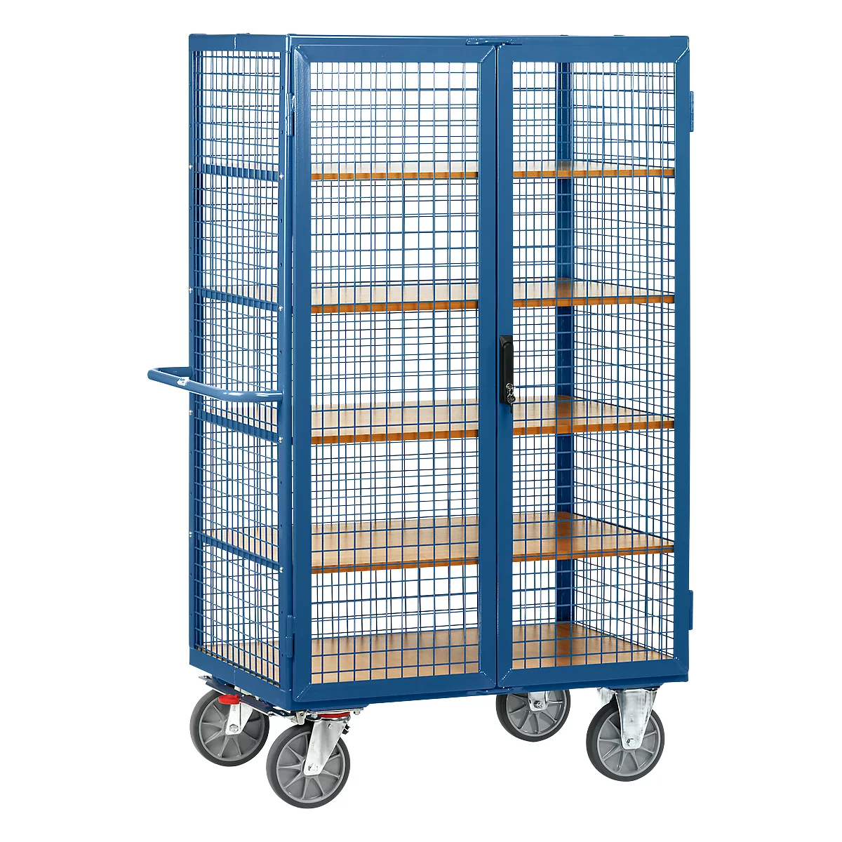Kastwagen met roosterwanden, met dubbele vleugeldeur, afsluitbaar, 5 houten legborden, tot 750 kg, 1000 x 680 mm, blauw