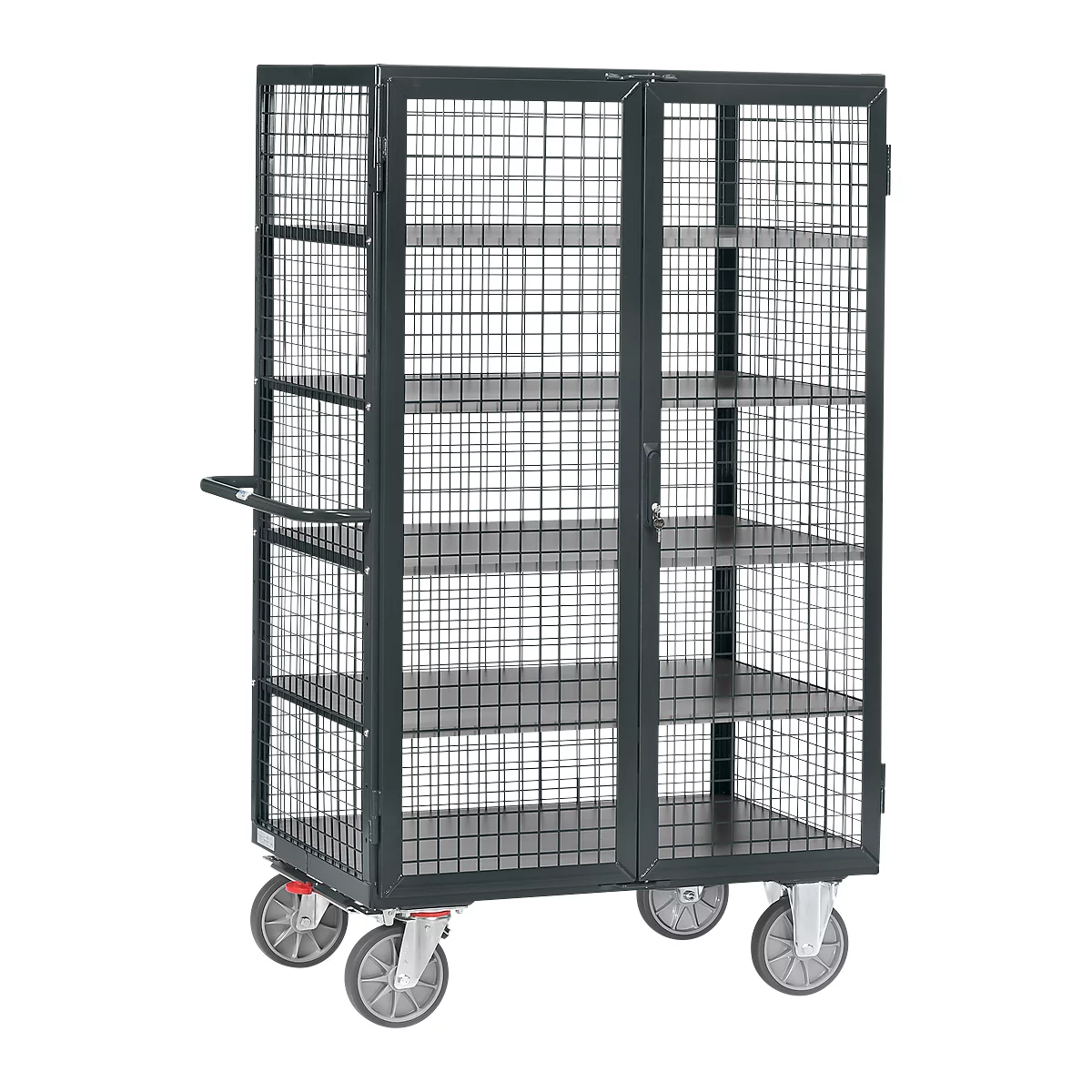 Kastwagen met roosterwanden, met dubbele vleugeldeur, afsluitbaar, 5 houten legborden, tot 750 kg, 1000 x 680 mm, grijs