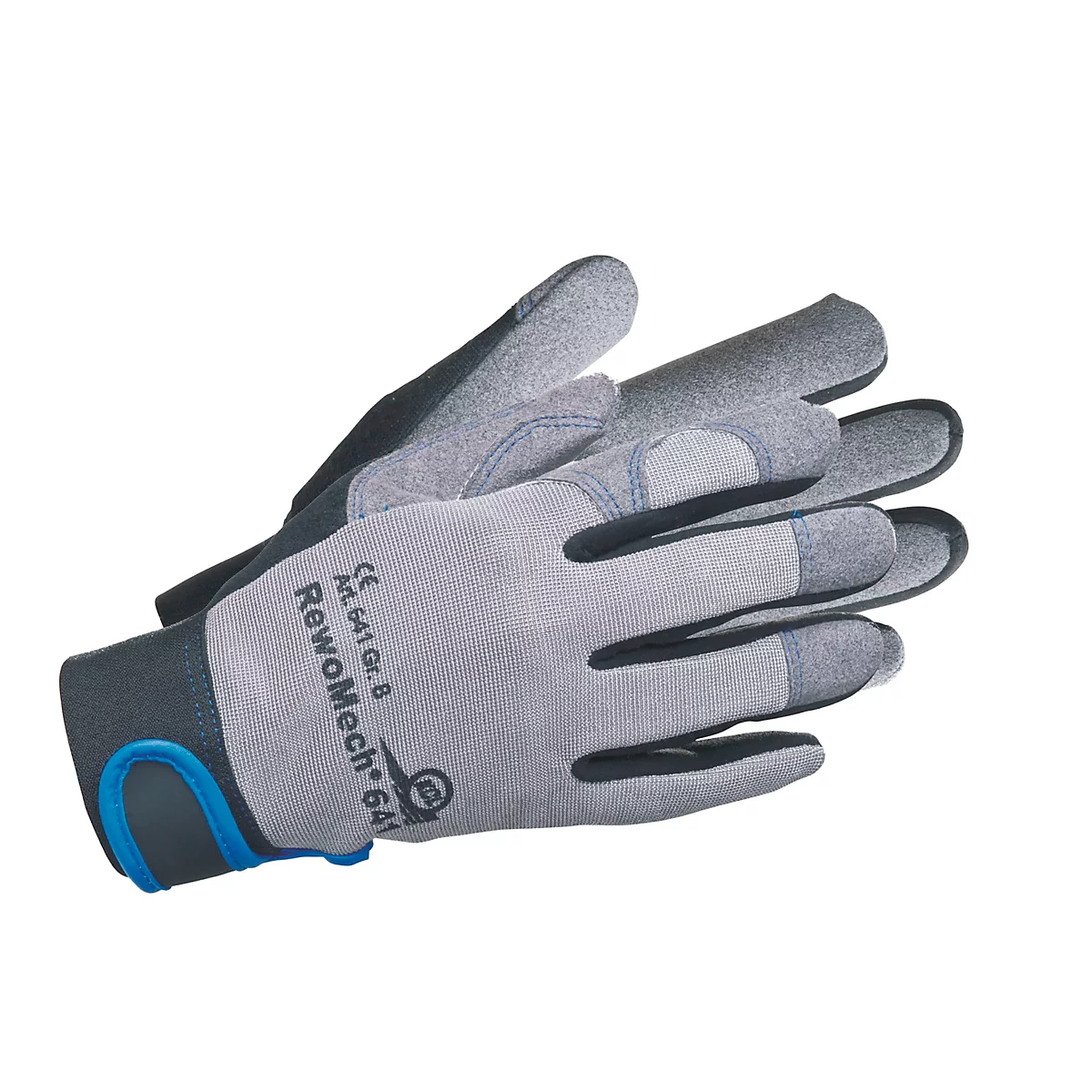 Grey work gloves with black hem and blue accents. Inscription RewoMech 641. B