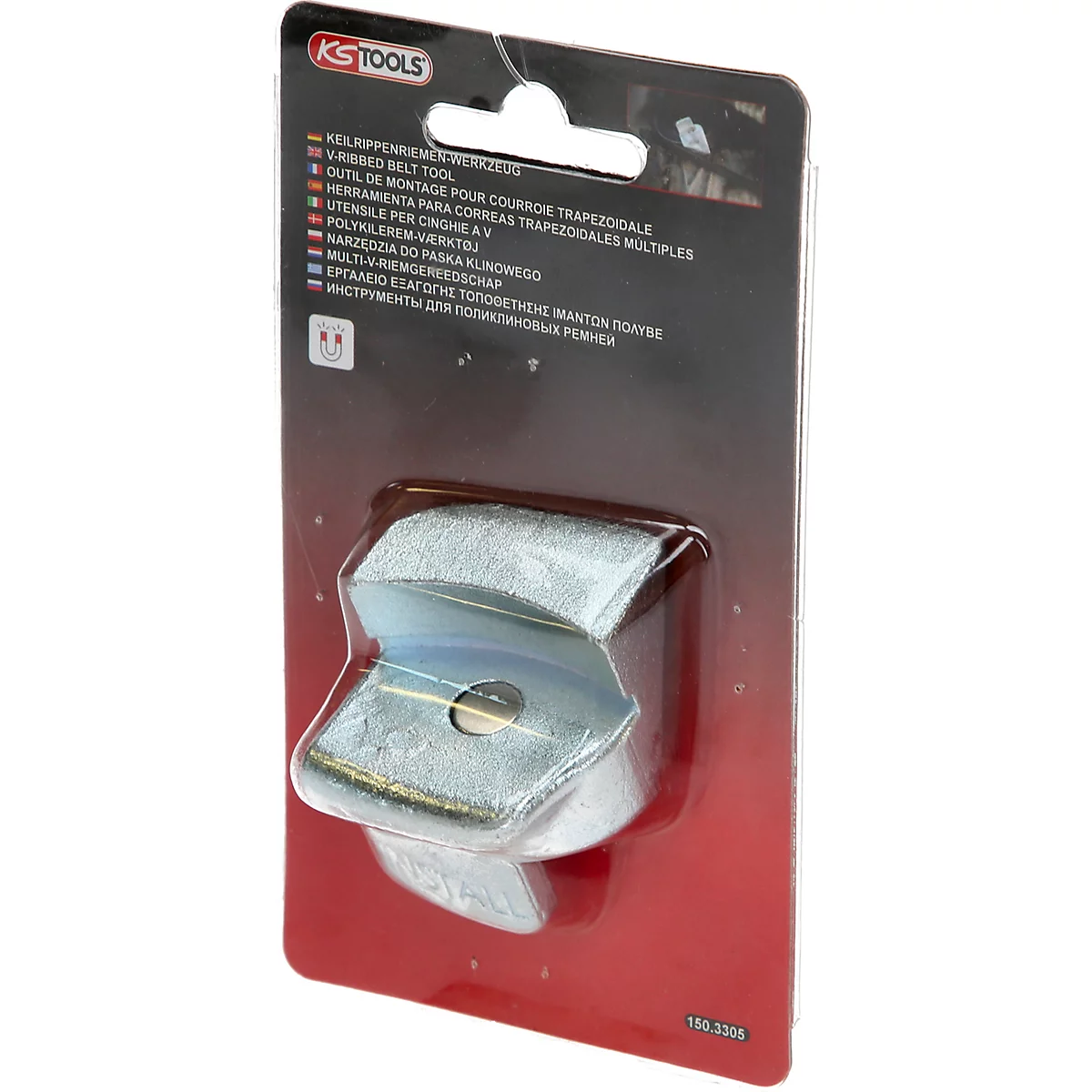 Werkzeug in Verpackung mit rotem Hintergrund. Im Fokus ist ein silbernes Werkzeug mit der Aufschrift KS TOOLS.