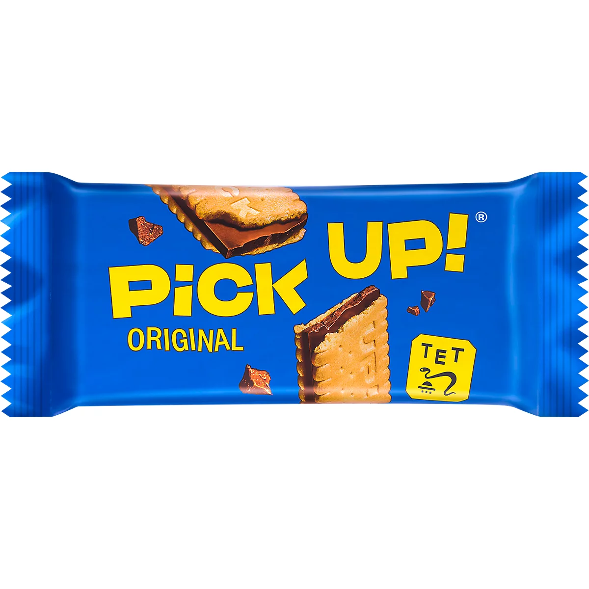 Blaue Verpackung eines Pick Up! Original Riegels mit abgebildetem Keks-Schoko-Sandwich.