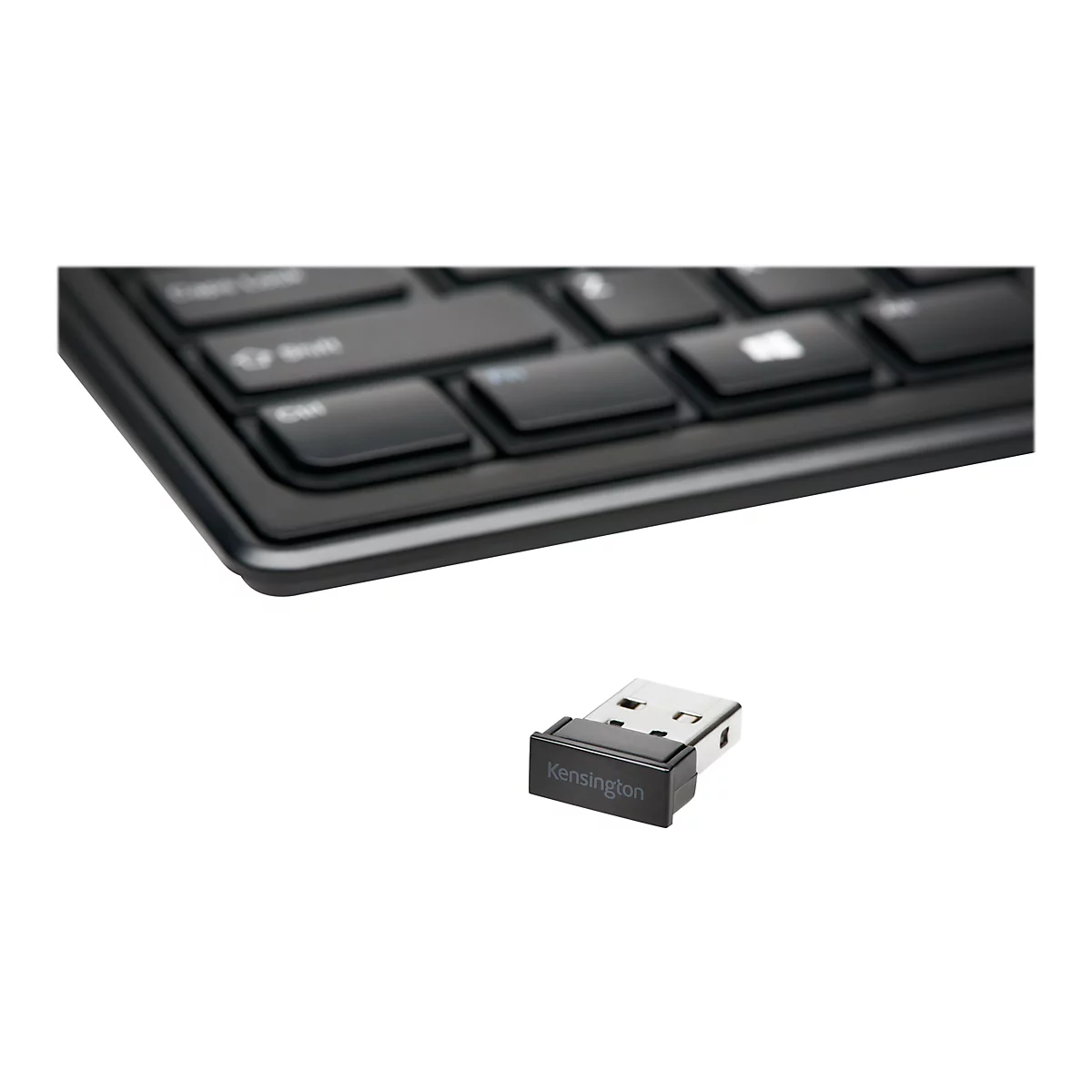 Schwarze Tastatur mit USB-Empfänger. Auf dem Empfänger steht "Kensington".