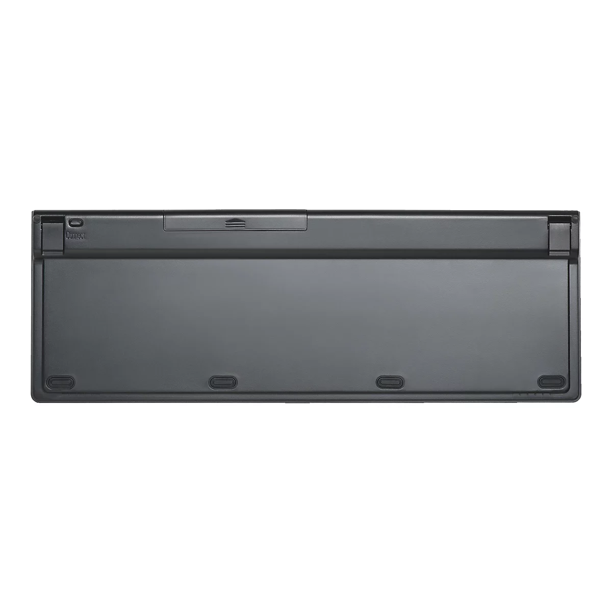 Draufsicht auf eine graue Tastaturunterseite mit Details wie dem Connect-Knopf, Öffnungen und gummierten Füßen.