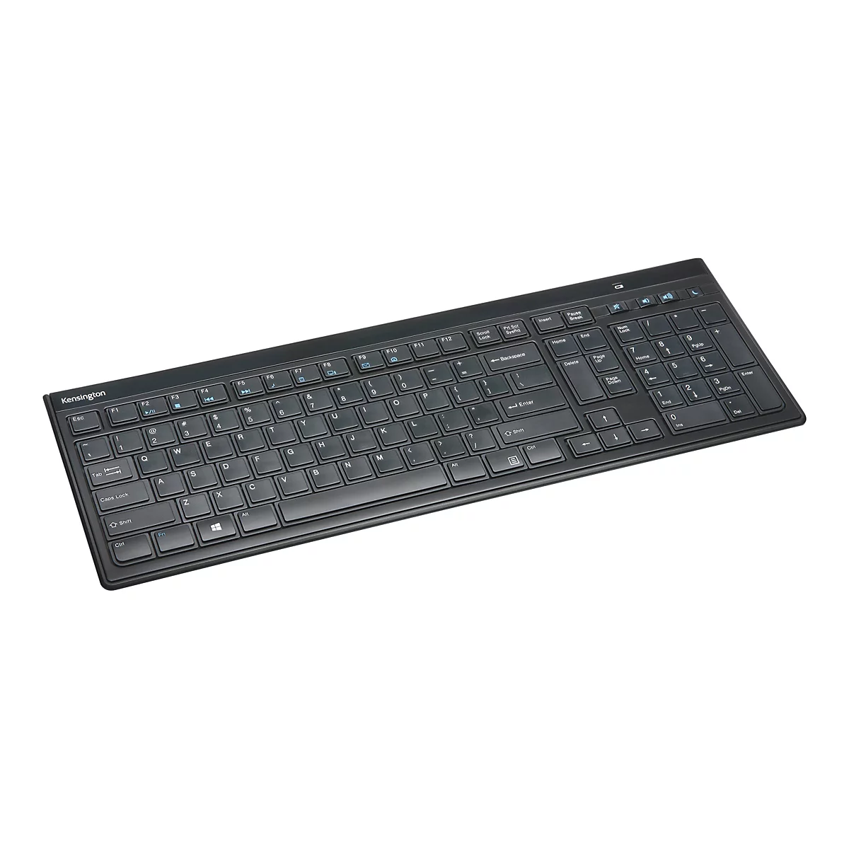 Schwarze Kensington-Tastatur auf weißem Hintergrund. Die Tastatur zeigt Buchstaben, Zahlen und Funktionstasten.