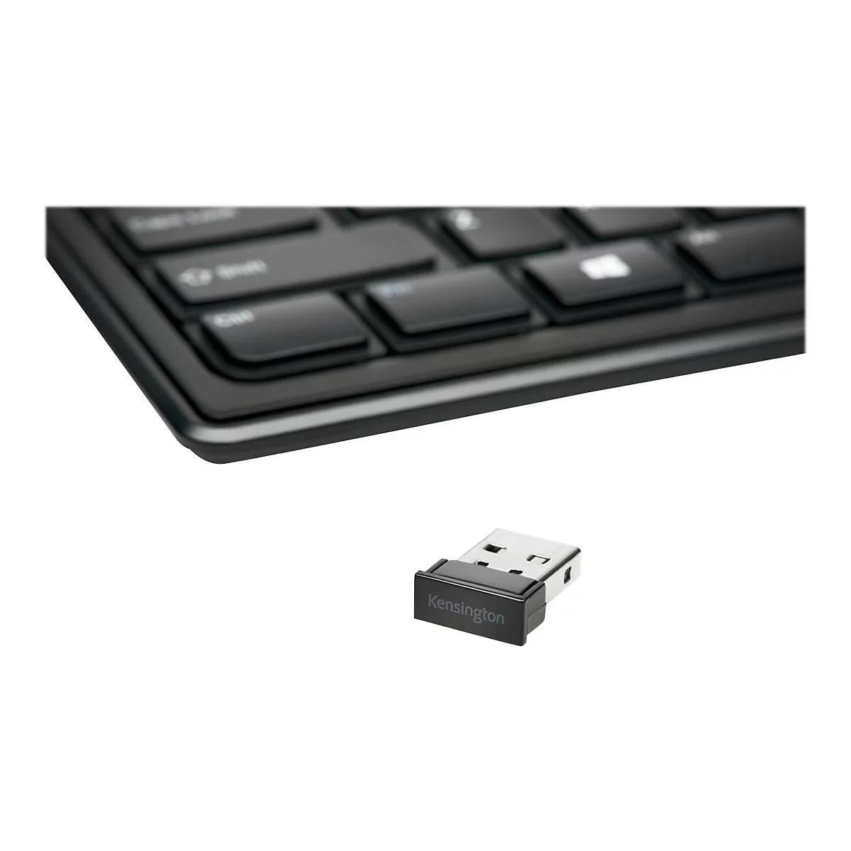 Schwarze Tastatur mit USB-Empfänger; Empfänger mit "Kensington" Beschriftung.