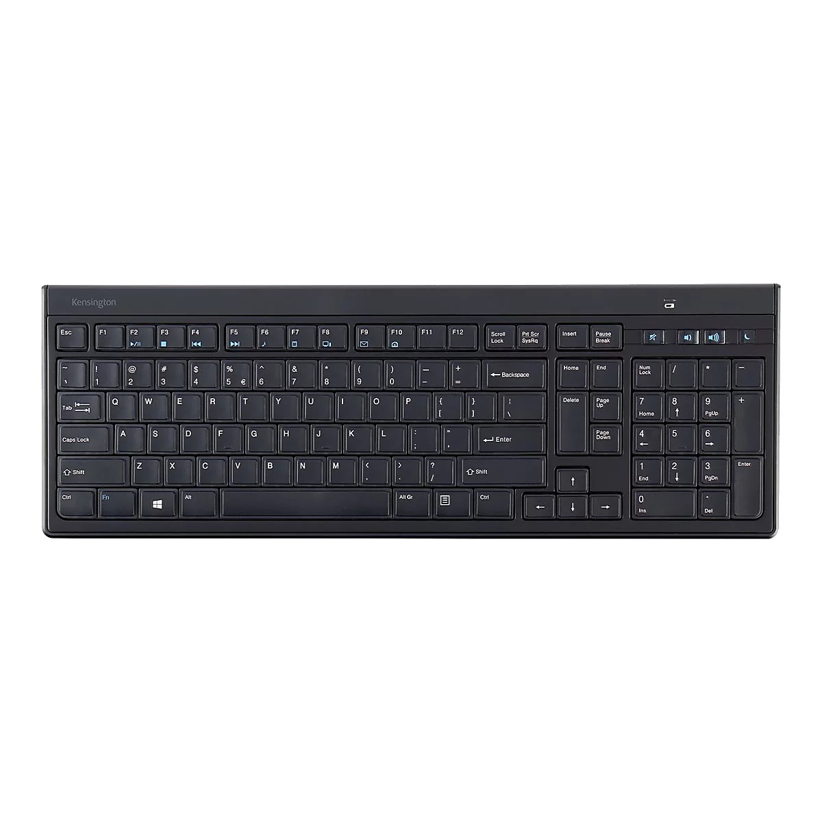Schwarze Kensington Tastatur mit allen Buchstaben und Sonderzeichen vor weißem Hintergrund.