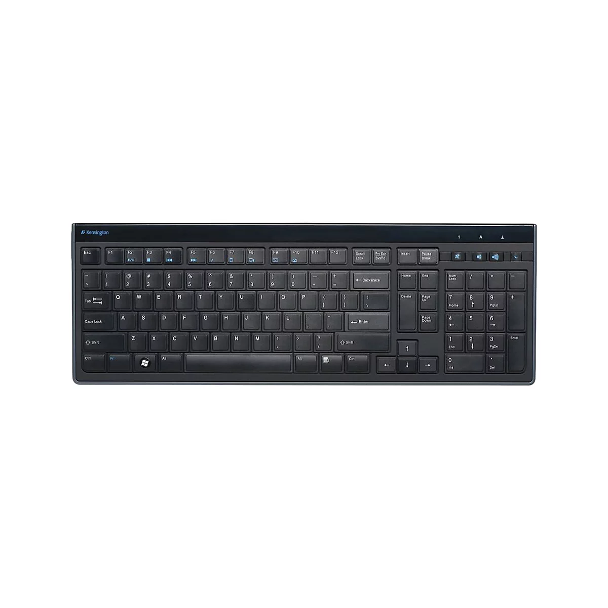 Schwarze Kensington-Tastatur auf weißem Hintergrund. Die Tastatur hat Standardtasten und Funktionstasten.