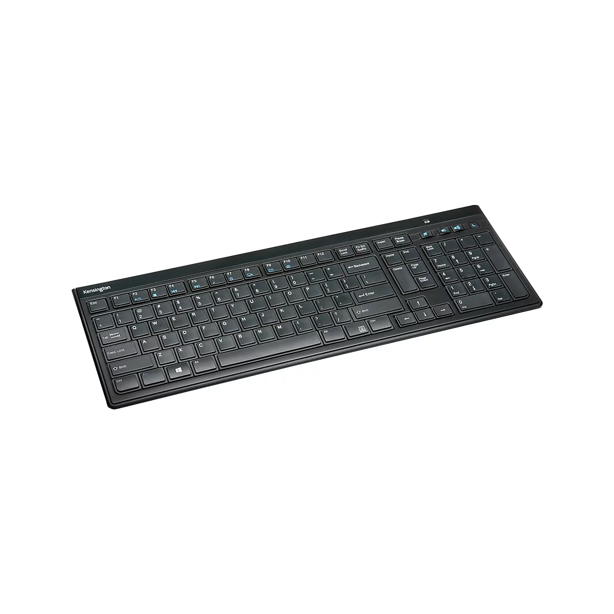 Schwarze Kensington Tastatur auf weißem Hintergrund, alle Tasten deutlich beschriftet.