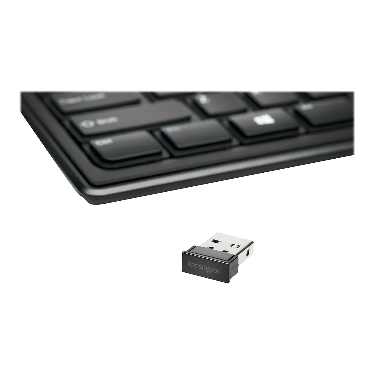 Schwarze Tastatur mit einem USB-Empfänger; auf dem Empfänger steht 'Kensington'.