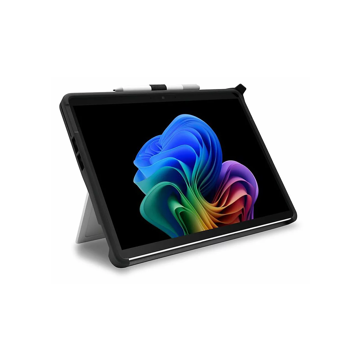 Schwarzes Tablet mit Stift und Hülle. Auf dem Bildschirm ein farbenfrohes, abstraktes Muster. Das Tablet steht auf einem Ständer.