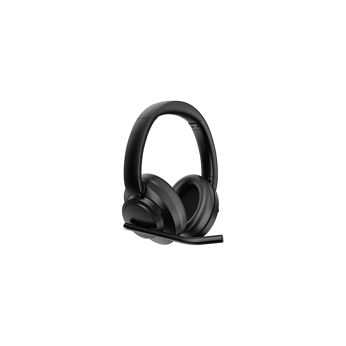 Schwarzes Over-Ear-Headset mit Mikrofonarm vor weißem Hintergrund.