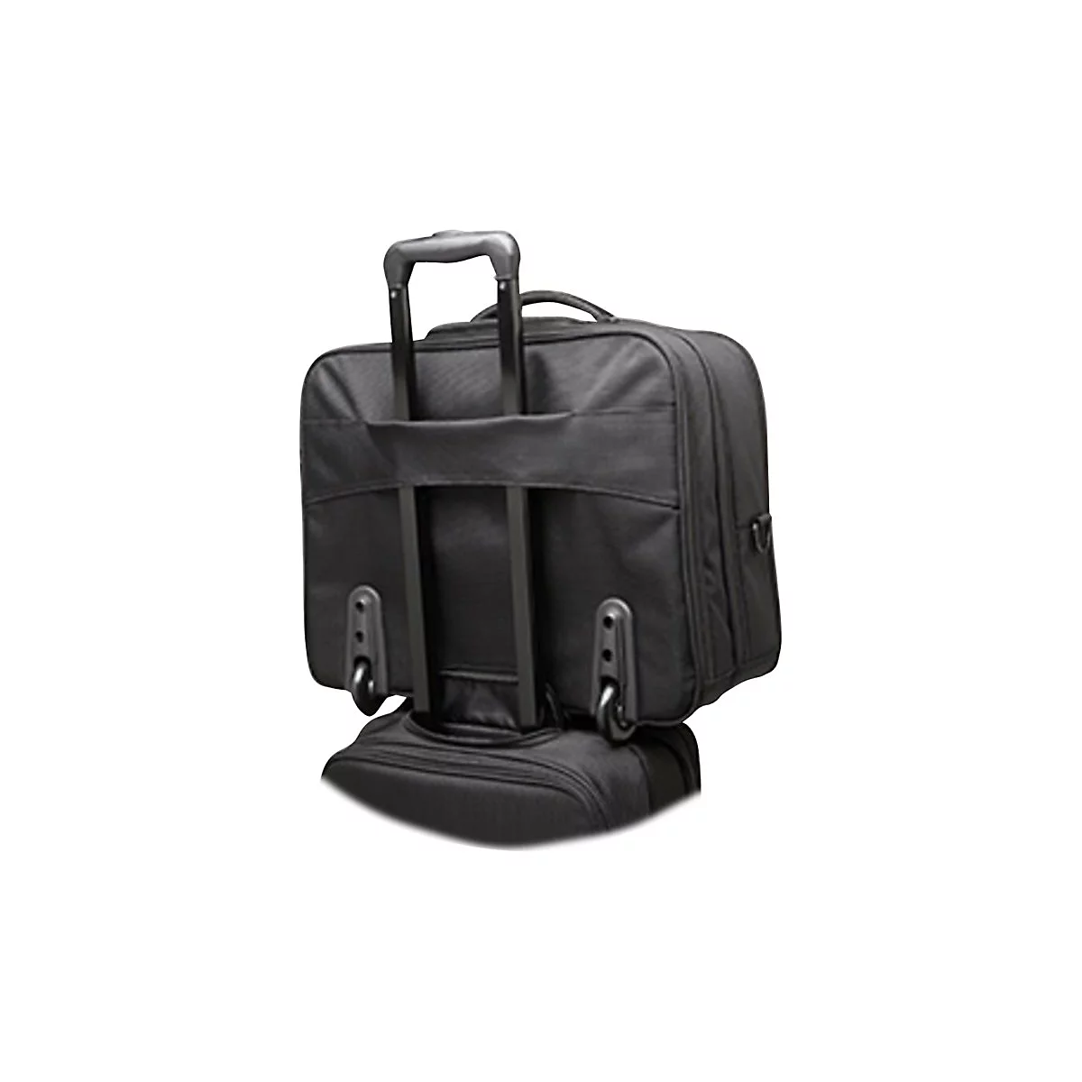 Schwarze Laptoptasche mit Rollen und ausziehbarem Griff. Detailansicht von hinten.