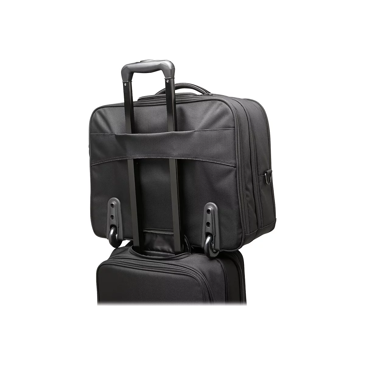Schwarzer Koffer mit ausziehbarem Griff und Rollen.