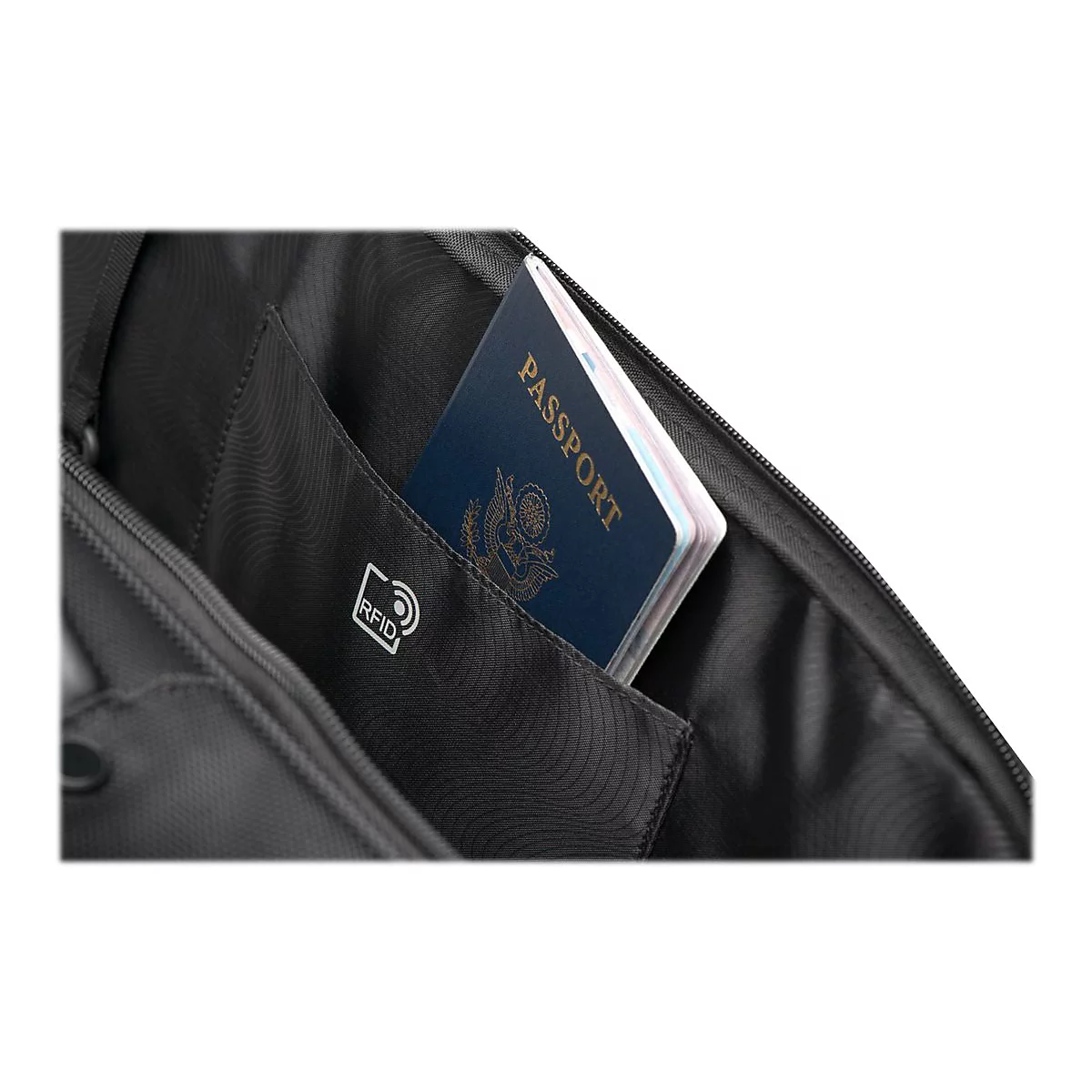 Schwarze Tasche, in deren Innentasche ein Reisepass steckt, links das RFID-Symbol.