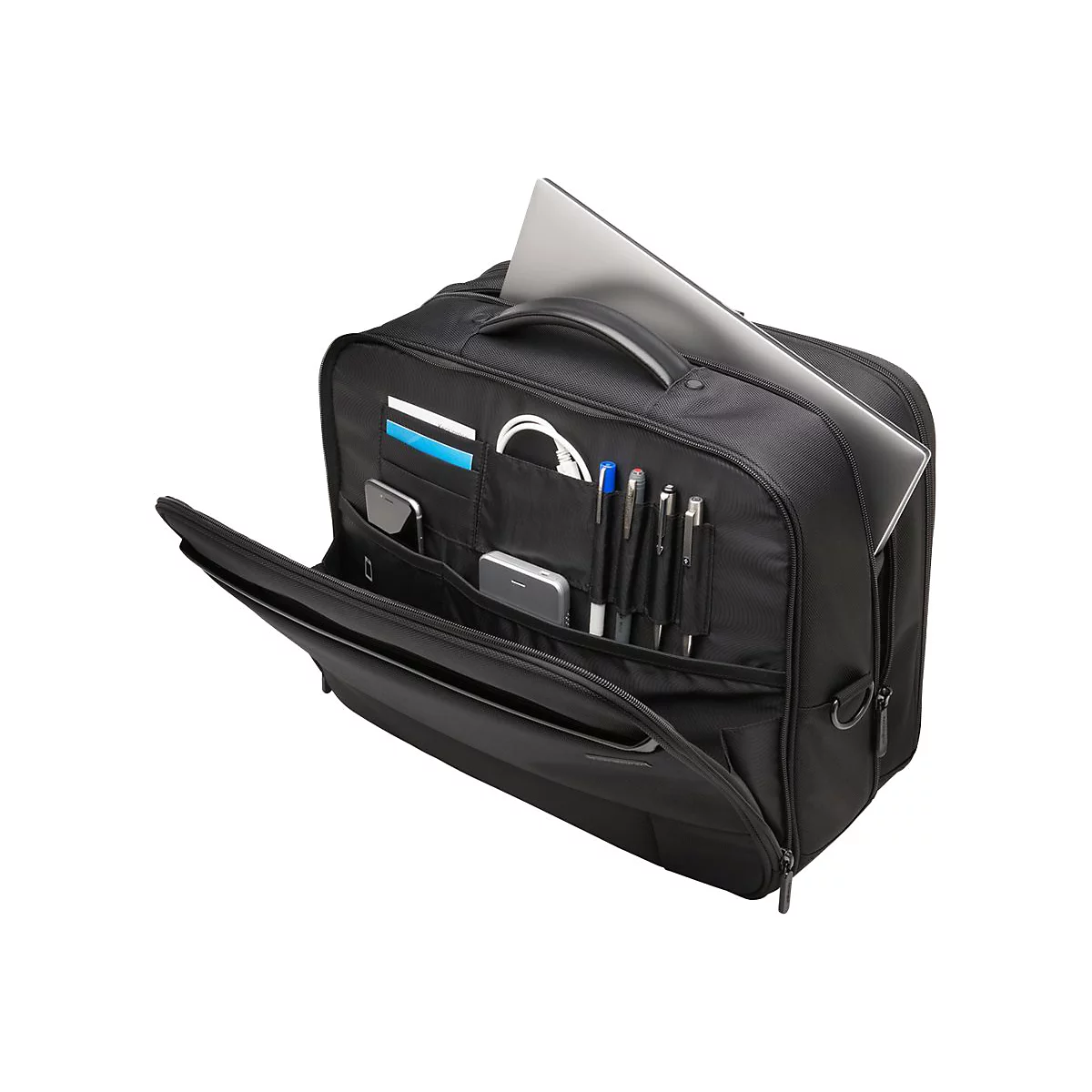 Schwarze Laptoptasche mit Laptop, Stiften, Handy und ZubehÃ¶r in verschiedenen FÃ¤chern, geÃ¶ffnet auf weiÃŸem Hintergrund.