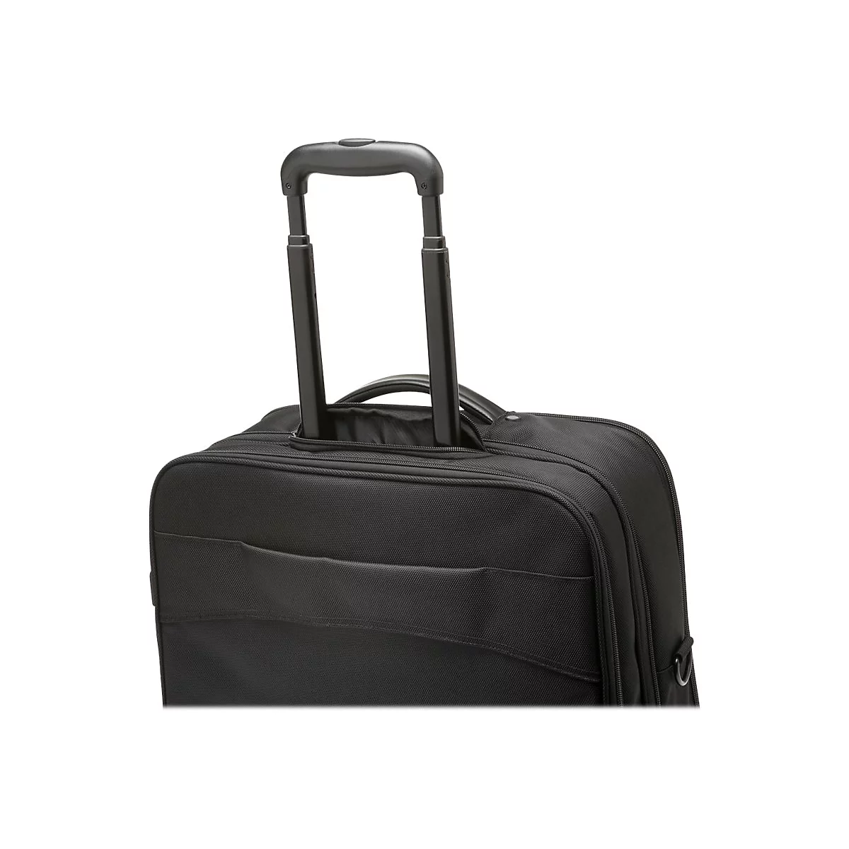 Schwarzer Koffer mit ausziehbarem Griff und Henkel. Der Koffer steht vor weißem Hintergrund.