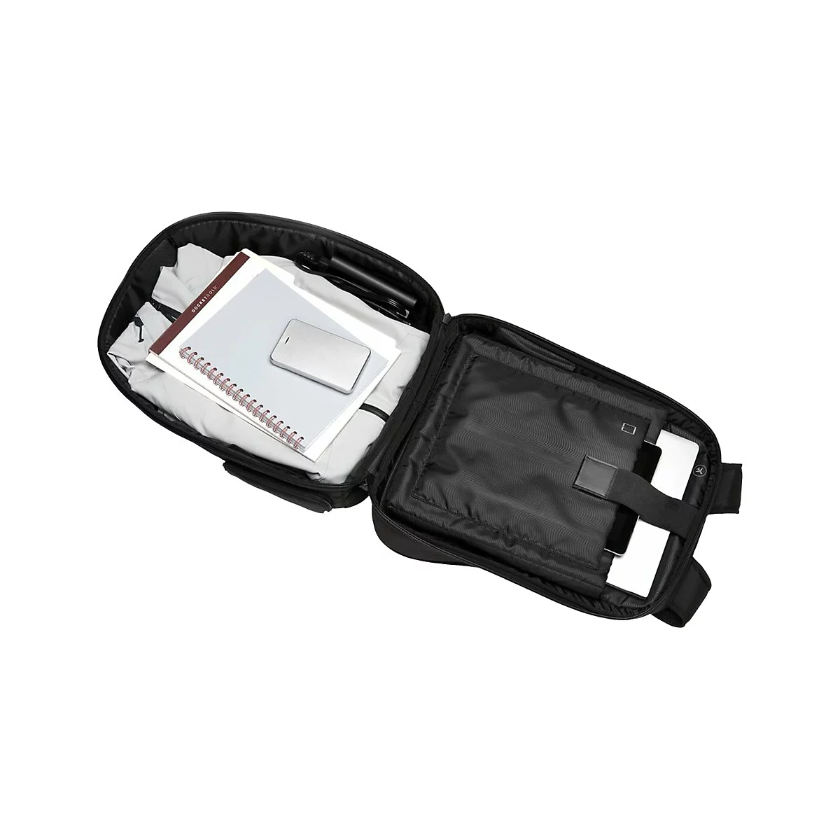 Schwarze Laptoptasche, offen, mit Tablet, Notizbuch, Stift, Handy.