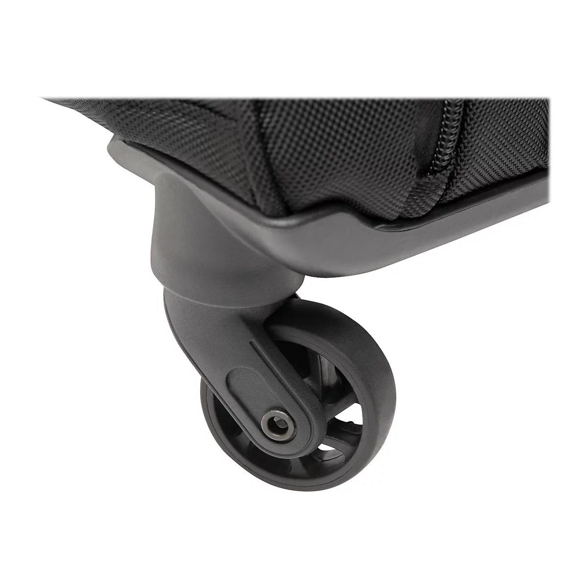 Nahaufnahme eines schwarzen Gepäckrads und Gehäuses vor weißem Hintergrund.