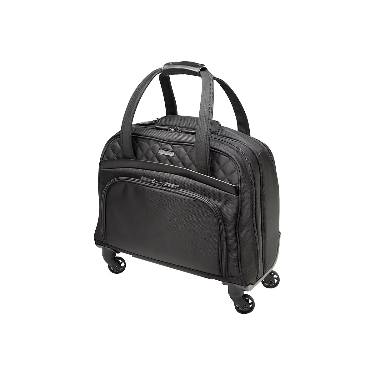 Schwarze Rollen-Tasche, zwei Griffe, Reißverschlüsse, Rautenmuster. Steht leicht schräg, weißer Hintergrund.