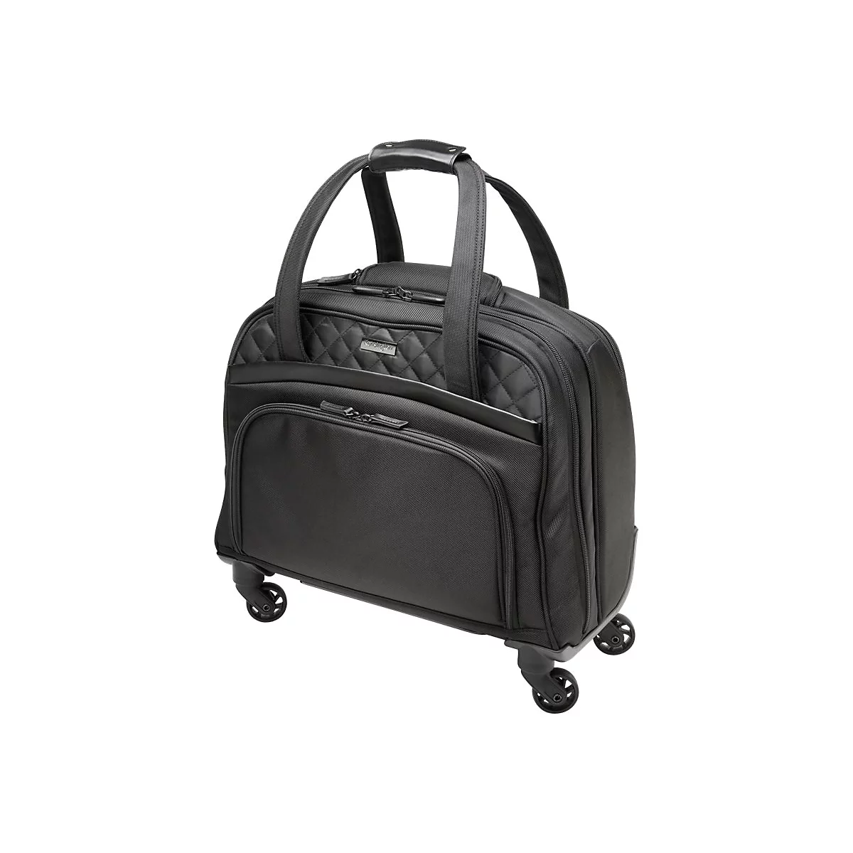 Schwarze, rollbare Reisetasche mit Tragegriffen und Reißverschlusstaschen. Auf weißem Hintergrund.