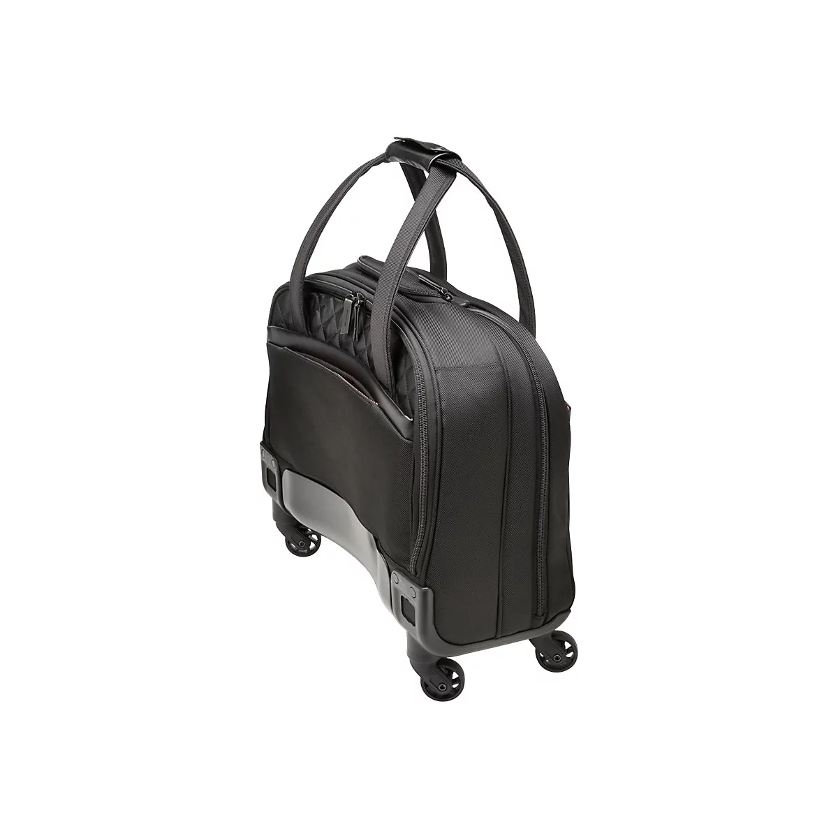 Schwarze, auf Rollen stehende Reisetasche mit Tragegriffen und Reißverschlüssen, auf hellem Hintergrund.