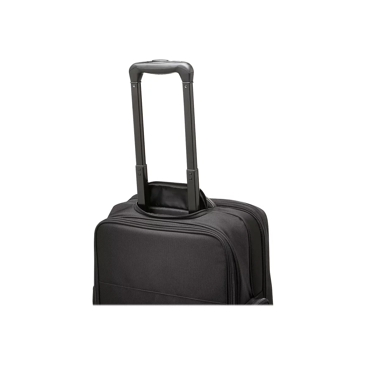 Schwarzer Koffer, hochgezogener Griff.
