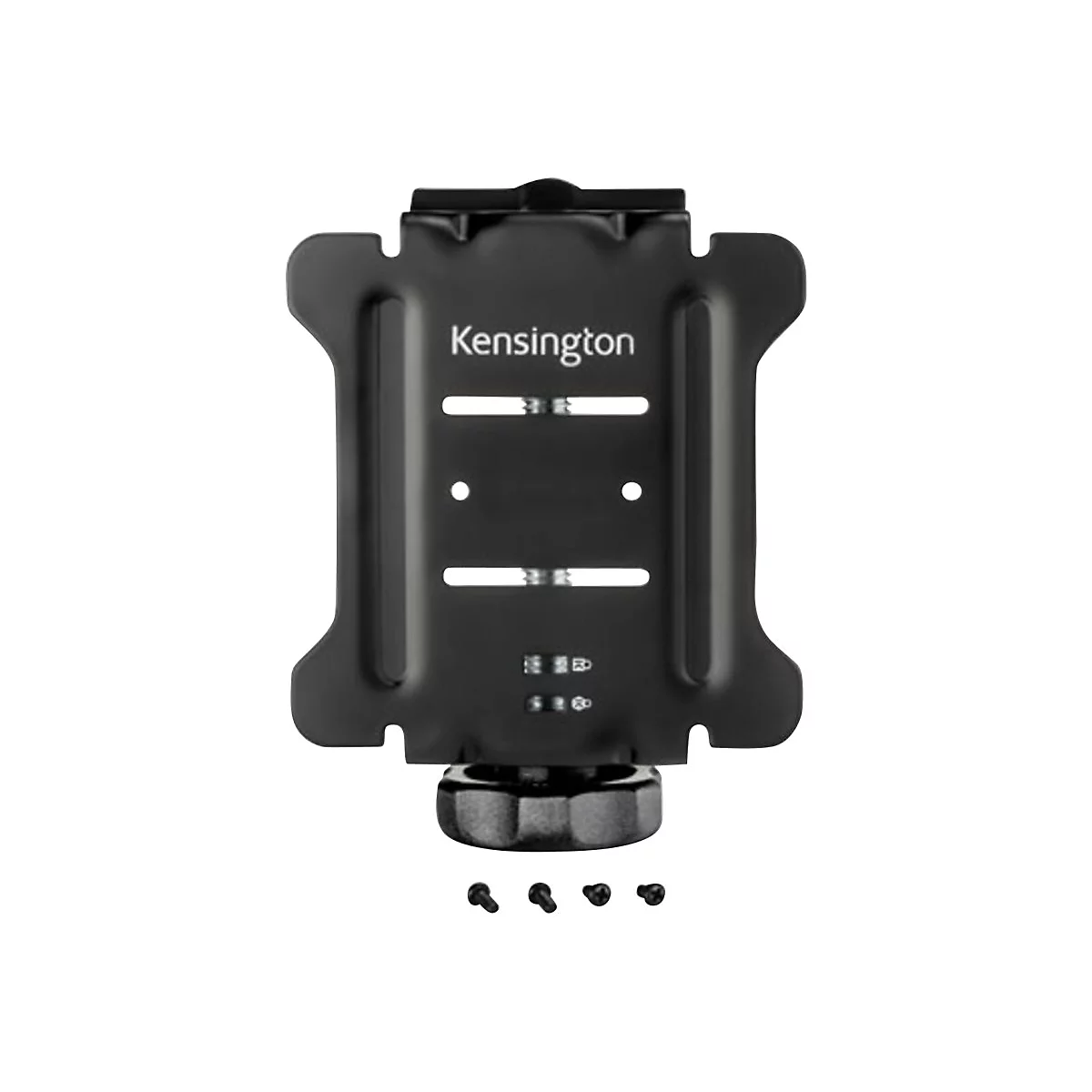 Schwarze Kensington Monitor-Montageplatte mit Befestigungsschrauben vor weißem Hintergrund.
