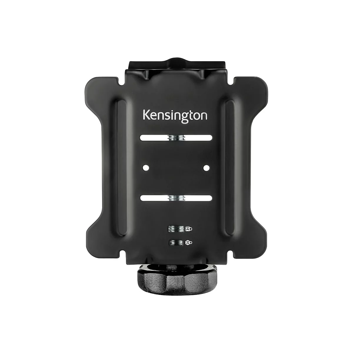 Schwarze Kensington-Monitorhalterung mit Verstellschraube und Schloss-Symbolen vor weißem Hintergrund.