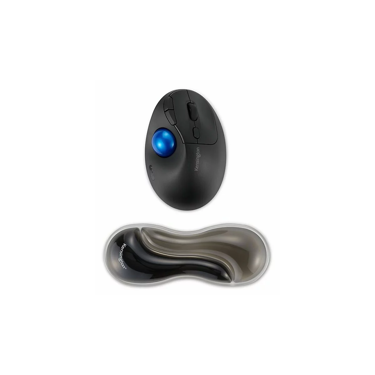 Schwarze Kensington Trackball Maus und Handgelenkauflage, blaues Trackball-Rad, weißer Hintergrund.