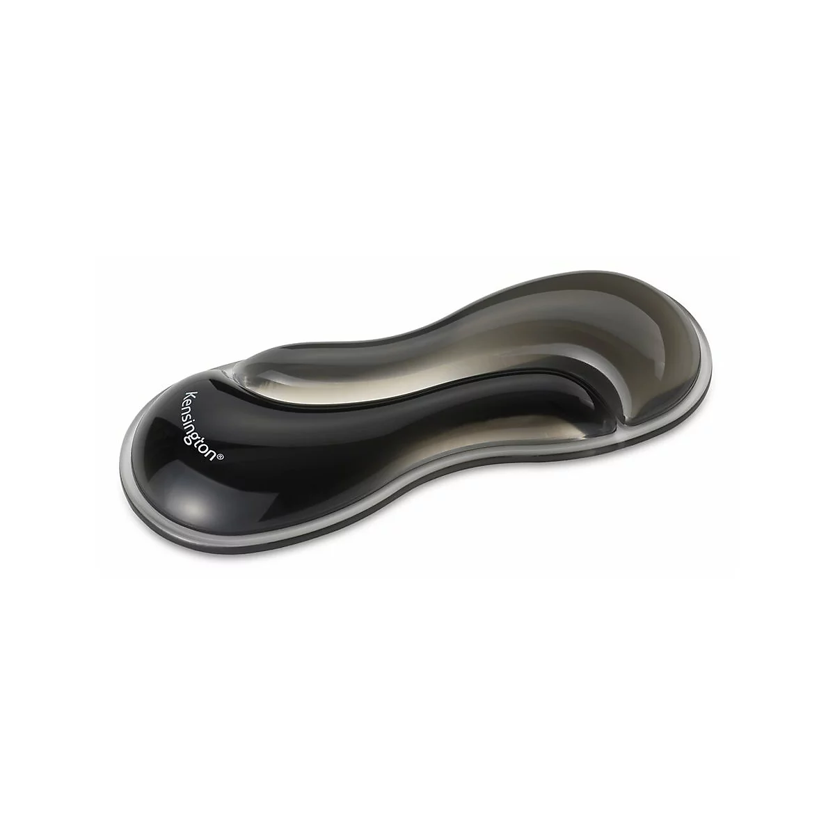 Schwarze, ergonomische Handgelenkauflage mit Kensington-Logo. Die Auflage hat eine transparente, gelartige Oberseite.