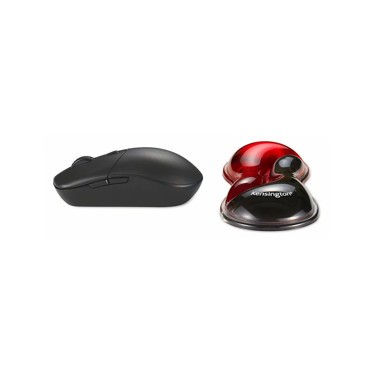 Ein schwarze Maus und ein roter Trackball vor weißem Hintergrund. Der Trackball hat den Schriftzug 'Kensington'.