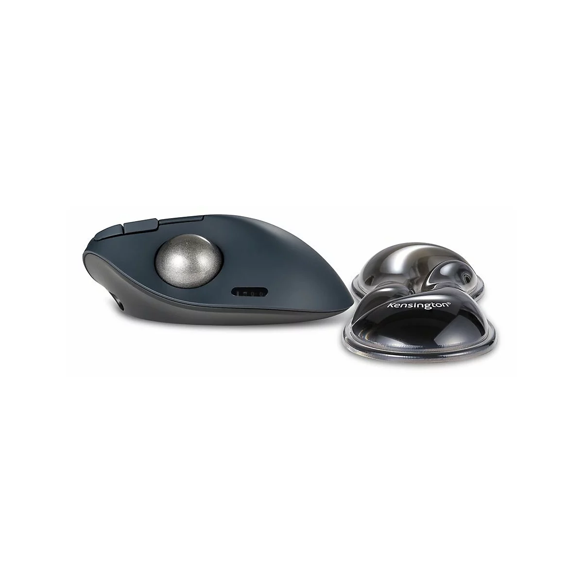 Drahtlose ergonomische Trackball-Maus in Dunkelgrau und eine transparente Handgelenkauflage. Auf der Maus befindet sich eine Kugel.